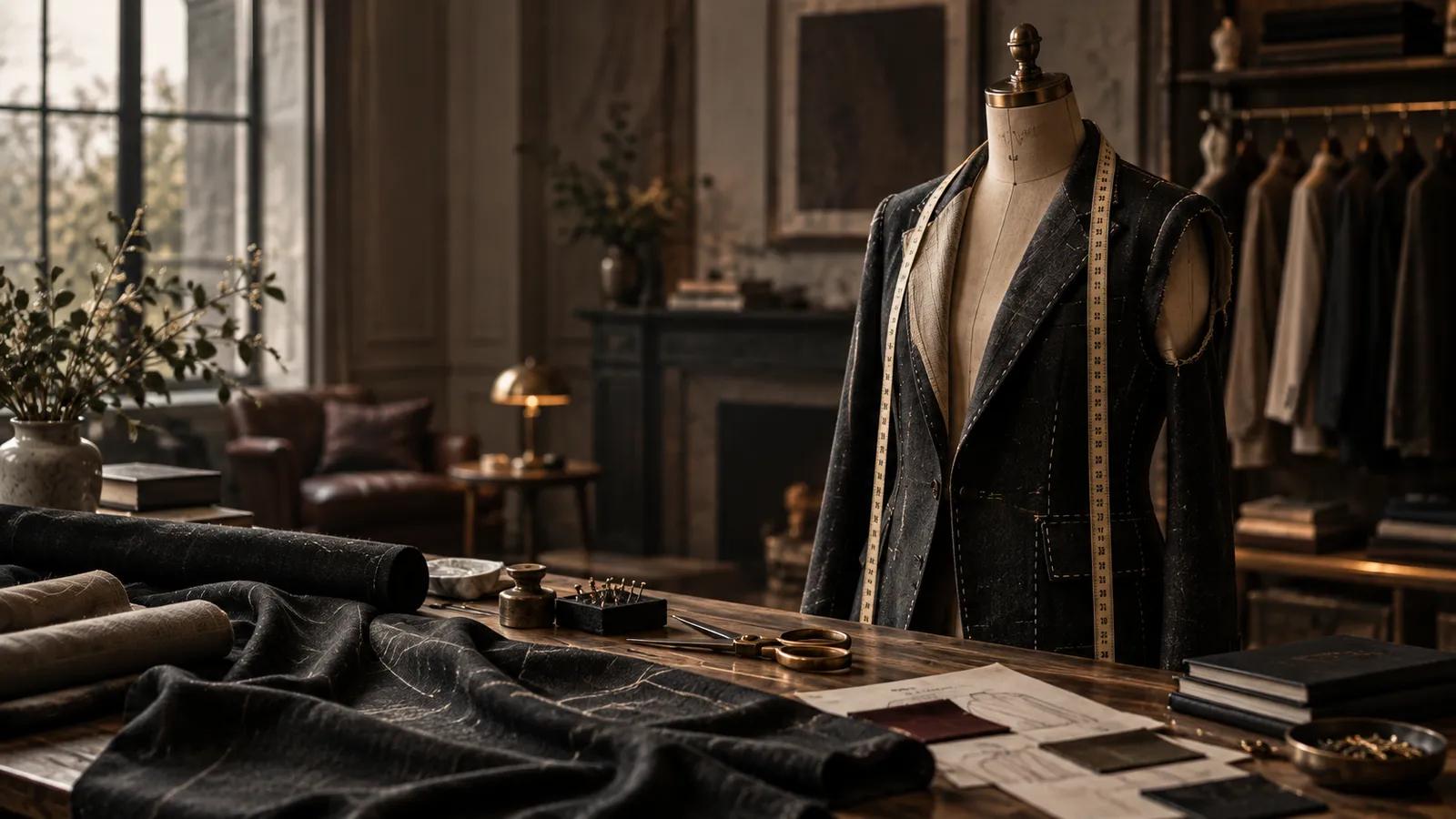 A tailored jacket on a dress form beside fabric and pattern pieces on a cutting table, in a warm atelier lit by tall windows