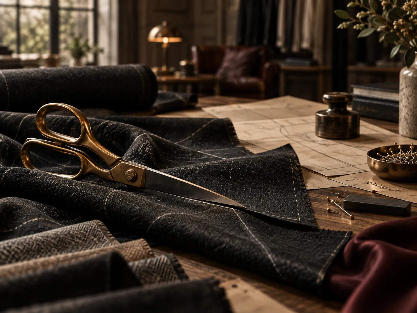 Brass tailor's shears resting on charcoal wool cloth and paper patterns on a wooden cutting table