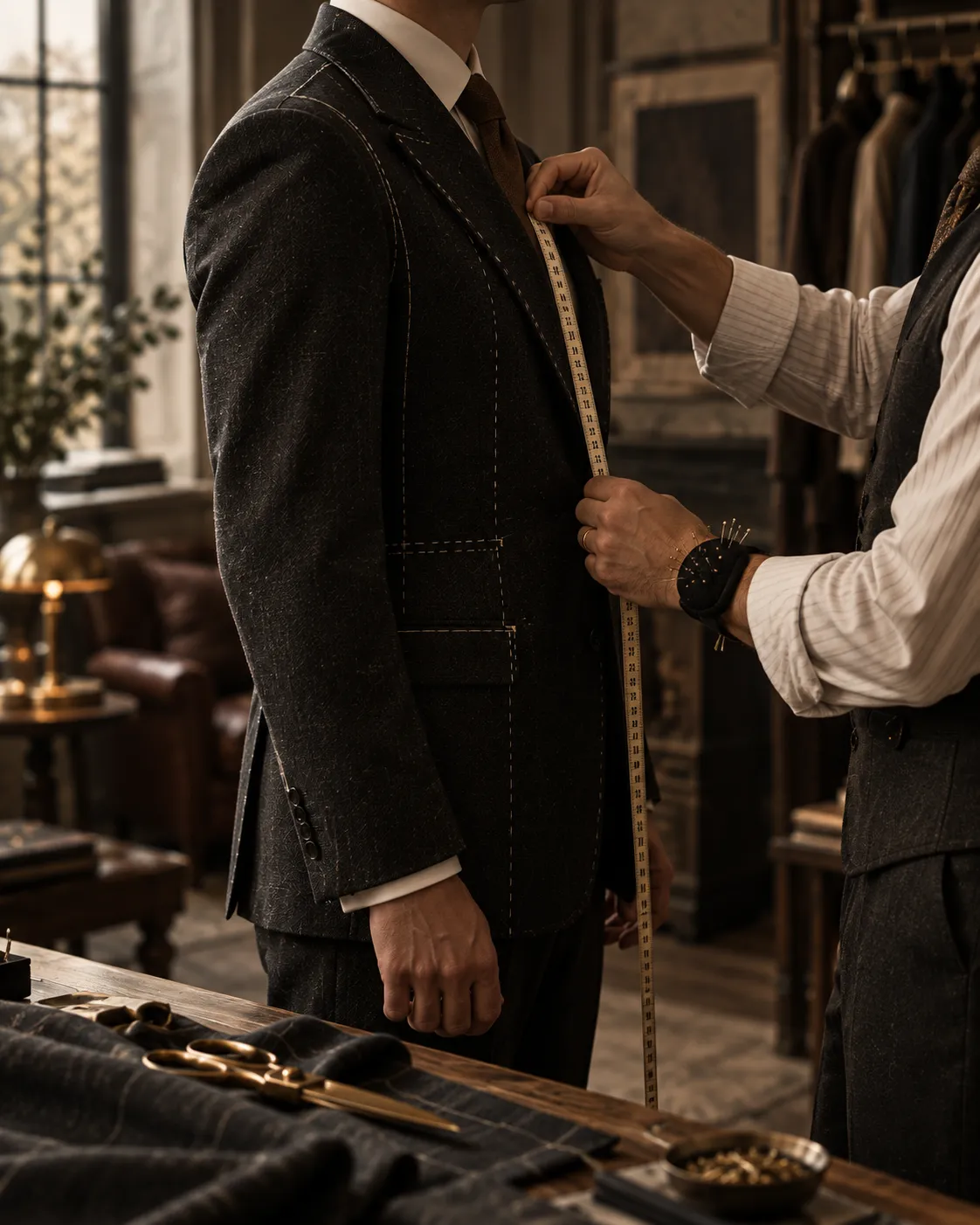 A tailor's hands taking a measurement along the sleeve of a client in a charcoal jacket