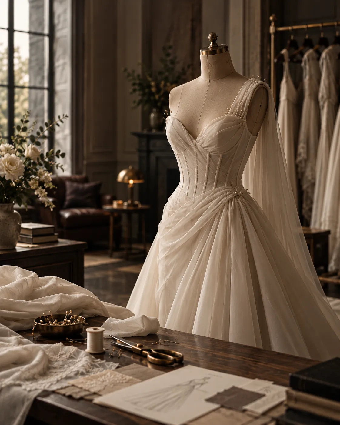 A bridal gown with a fitted bodice and draped tulle skirt on a dress form near a bright atelier window
