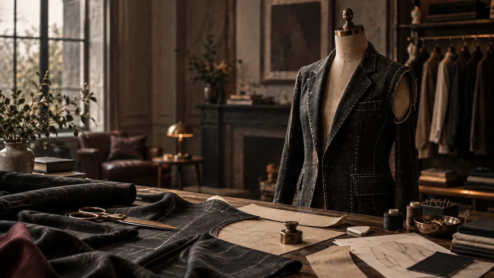 A half-built jacket on a dress form above pattern paper and cloth on a cutting table