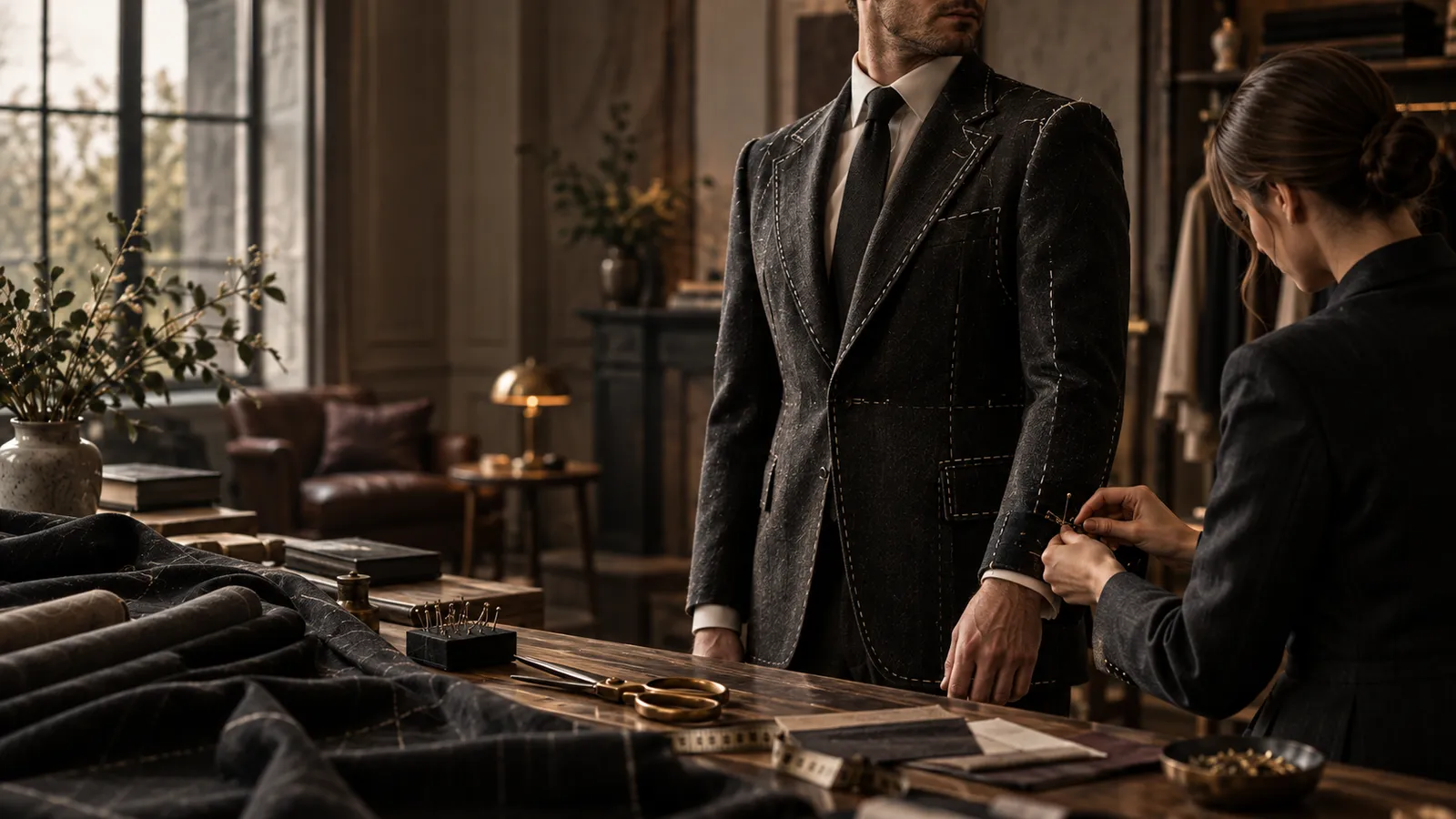 A tailor adjusting the sleeve of a suit jacket on a client standing in the atelier