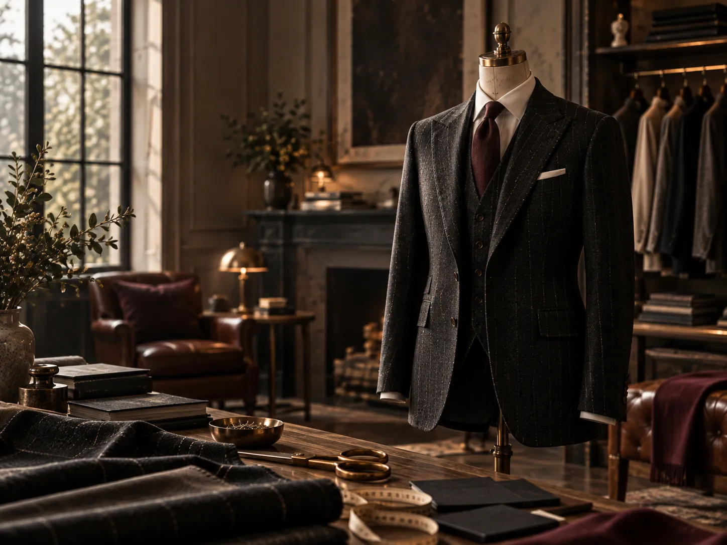 A finished charcoal three-piece suit with a burgundy tie, displayed on a dress form