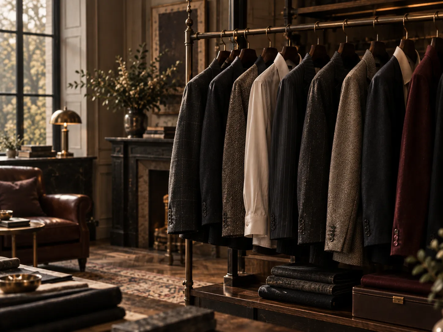 A rack of tailored jackets in charcoal, camel, grey, and burgundy beside a tall window