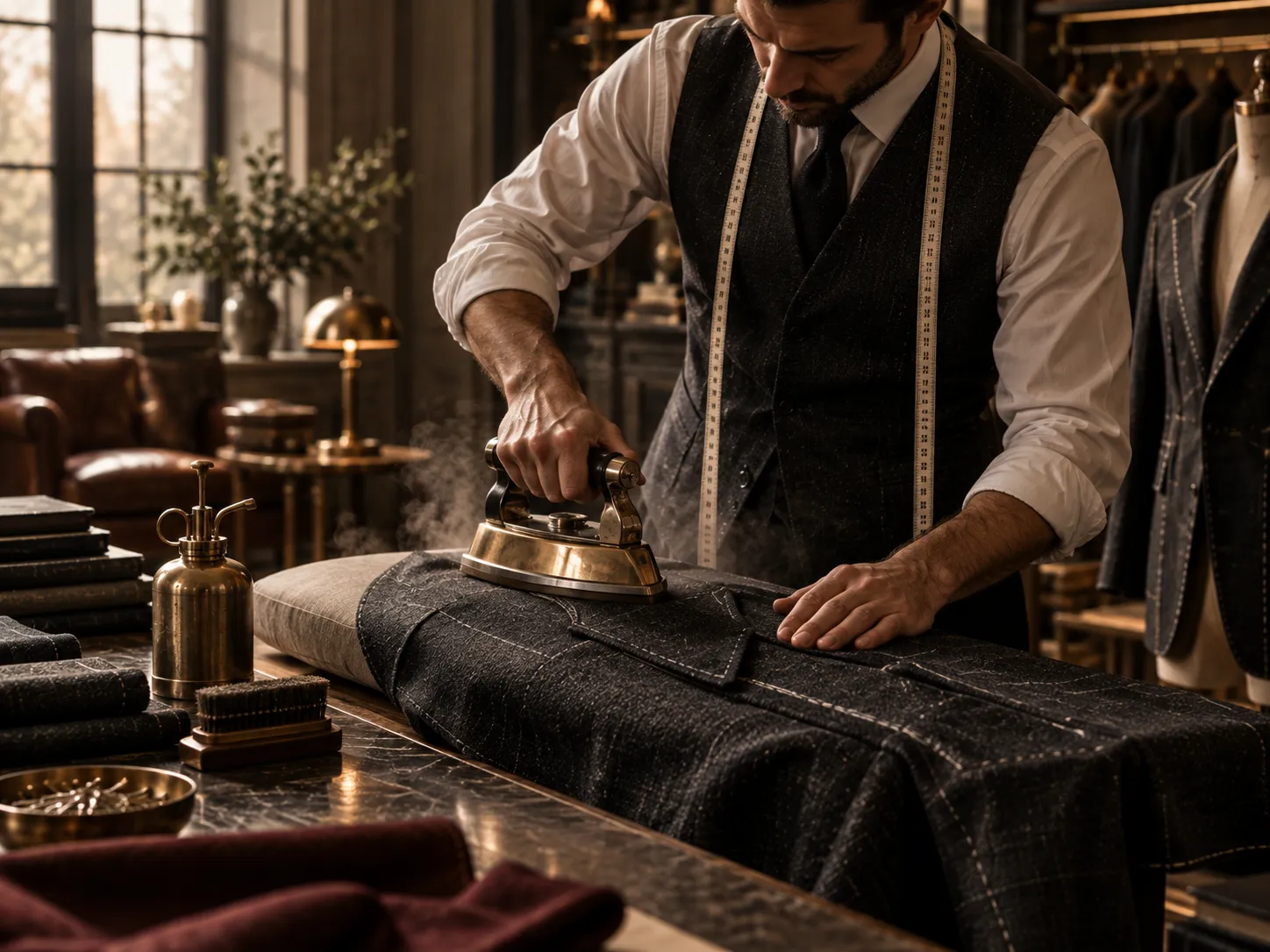 A tailor pressing a garment with a brass-plated iron on a wooden table