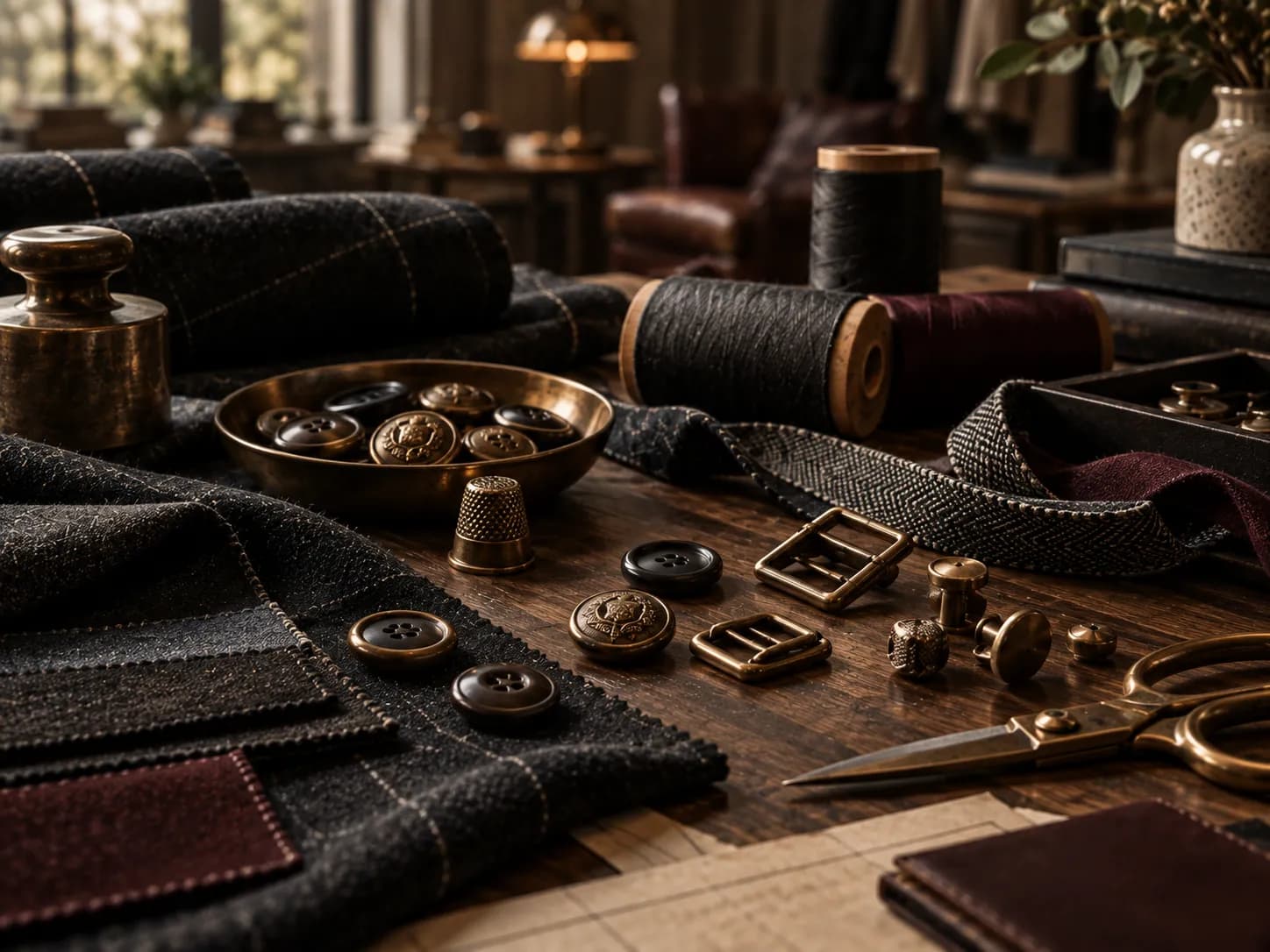 Brass buttons, buckles, and trims in a small dish beside wool cloth and burgundy fabric