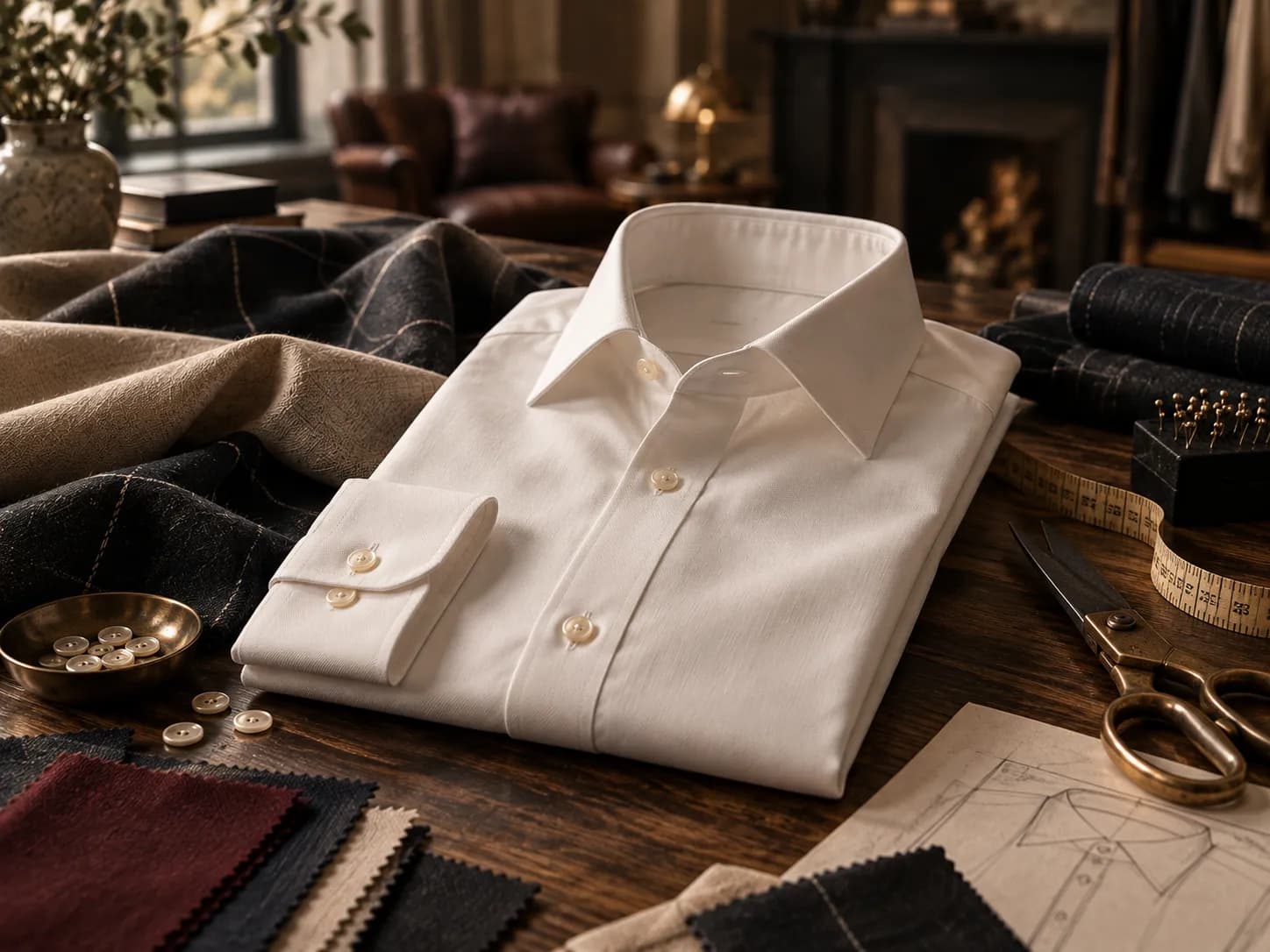 A folded white dress shirt on a worktable beside pattern sketches and cloth