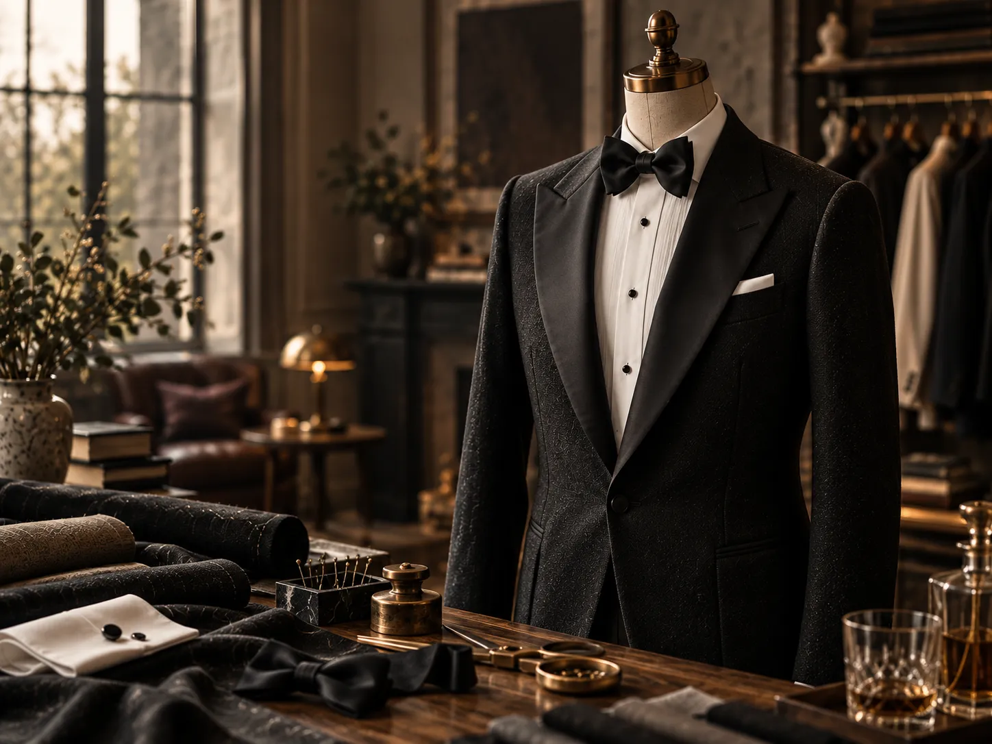 A black tuxedo with a bow tie and white pocket square displayed on a dress form