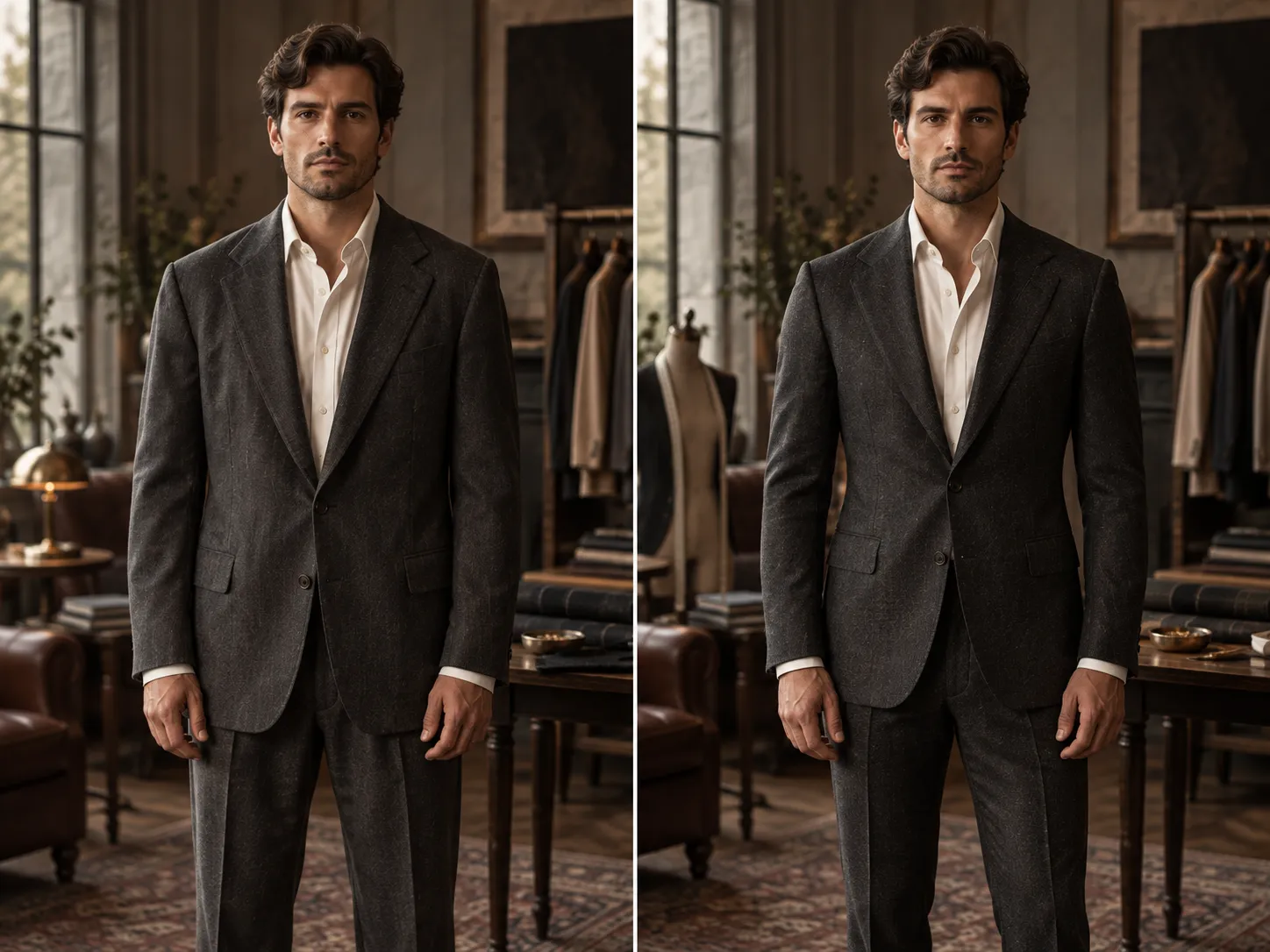 Two views of a man in a charcoal suit, one before tailoring and one after, shown as an illustrative comparison